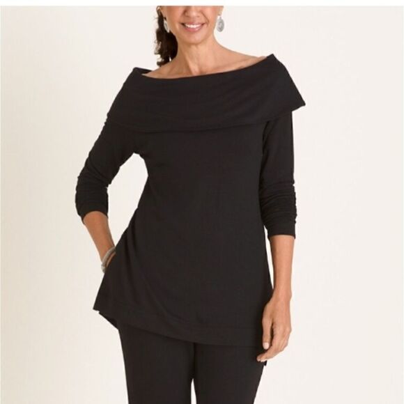 Chico's Zenergy brushed fleece black fold over bateau tunic size one - Picture 1 of 6